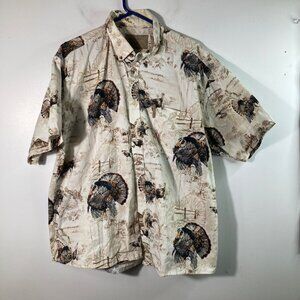 Mens North River Hunting Turkey Button Shirt Short Sleeve 2XL Cream Brown Cotton